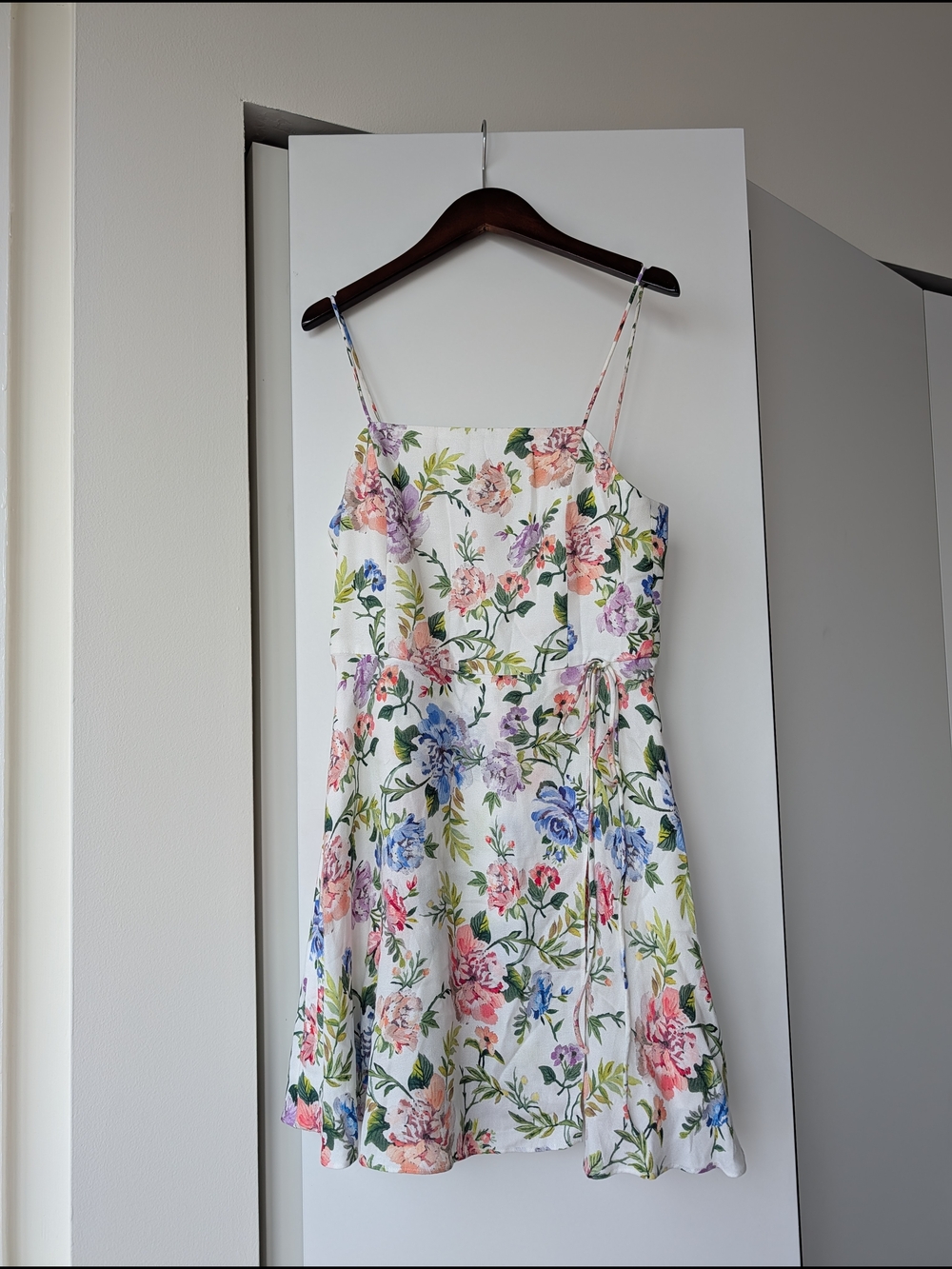Floral Spaghetti Strap Sundress - White with Pink, Blue & Green Flowers
